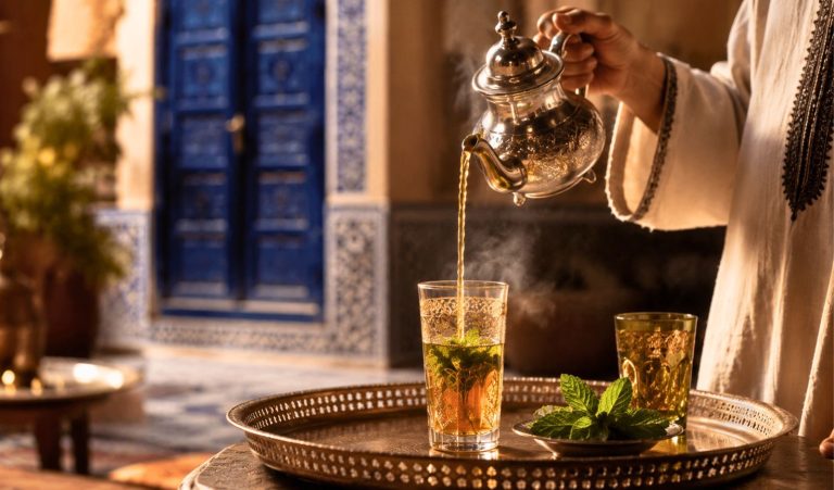 Service du thé à la menthe versé de haut dans un verre traditionnel, dans un riad marocain — symbole de l'hospitalité marocaine.