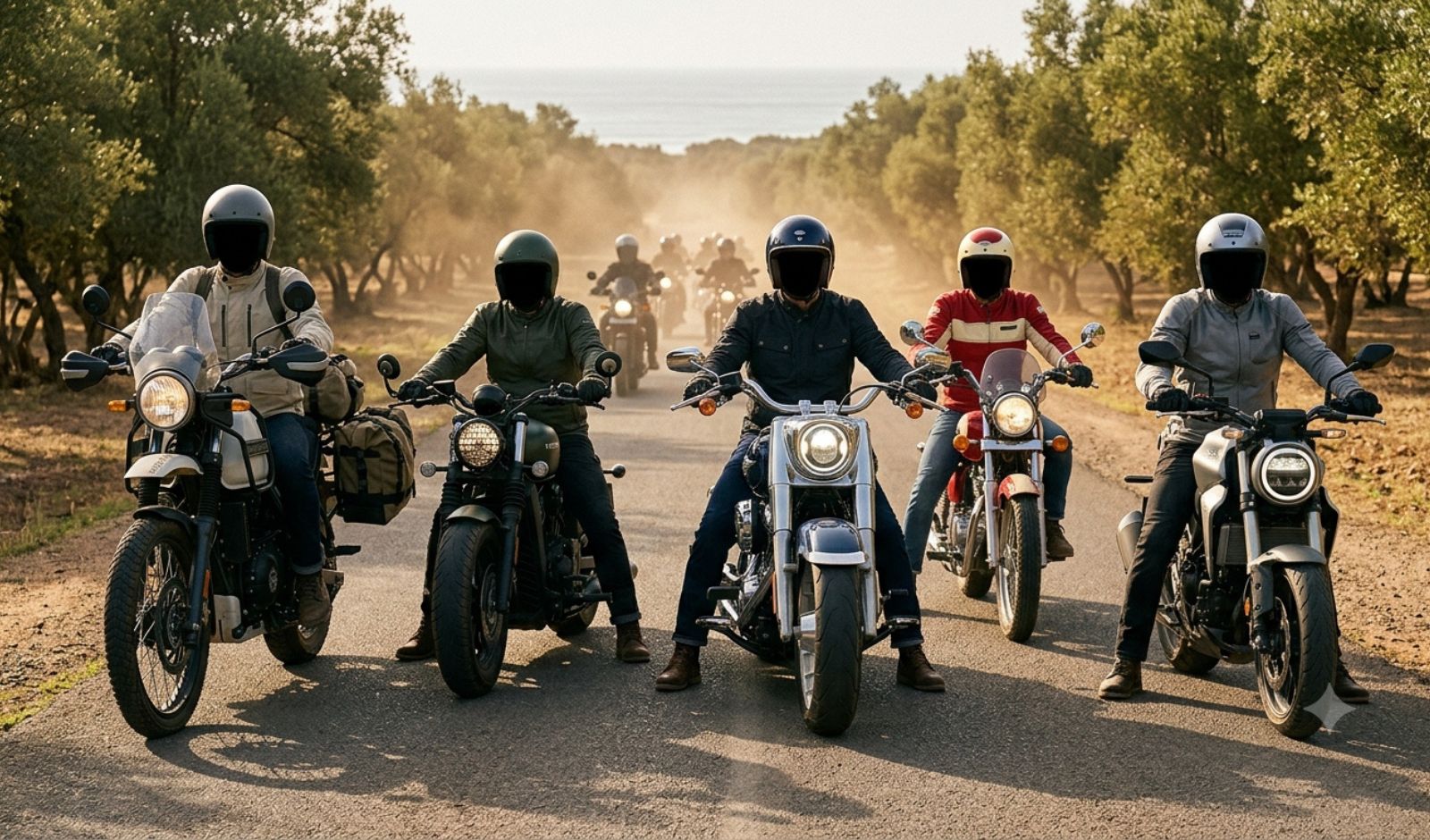 Cinq motos aux silhouettes différentes alignées sur une terrasse de gravier face à l'océan Atlantique.