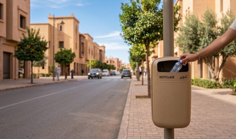 Une main dépose un déchet dans une poubelle publique dans une rue marocaine propre et ensoleillée, image du civisme comme geste quotidien de respect du bien commun.