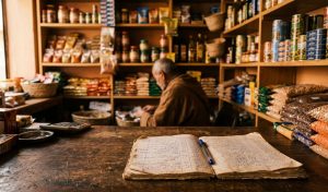 Intérieur chaleureux d'une épicerie de quartier marocaine à la lumière dorée, avec au premier plan un vieux carnet de crédit ouvert et un stylo sur le comptoir en bois.