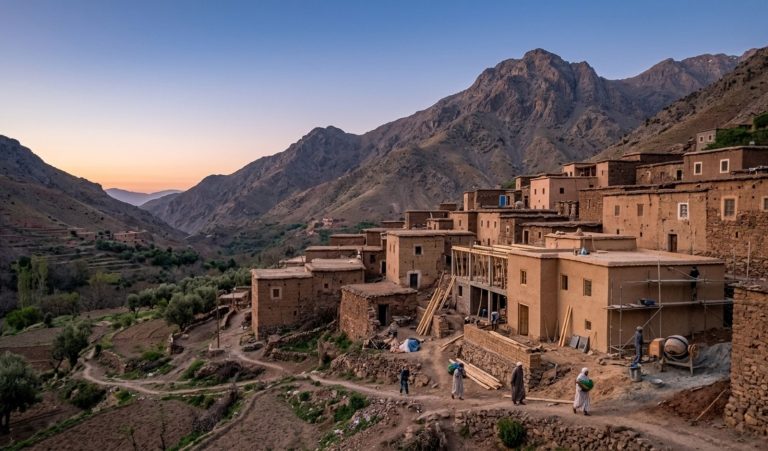 Village du Haut Atlas marocain au lever du jour, avec des maisons traditionnelles et d'autres en cours de reconstruction, image de mémoire et de résilience après le séisme d'Al Haouz.